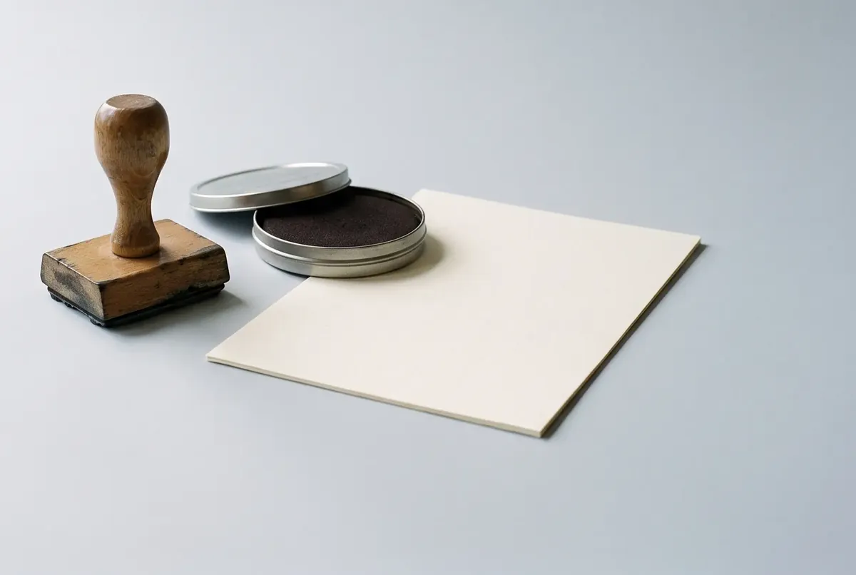 A wooden rubber stamp and a tin of ink beside a blank sheet of paper.
