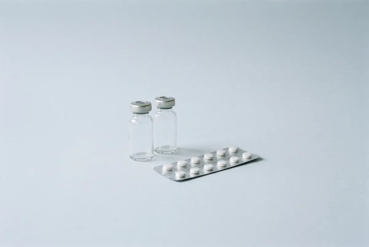 Two small glass vials and a blister pack of white tablets.