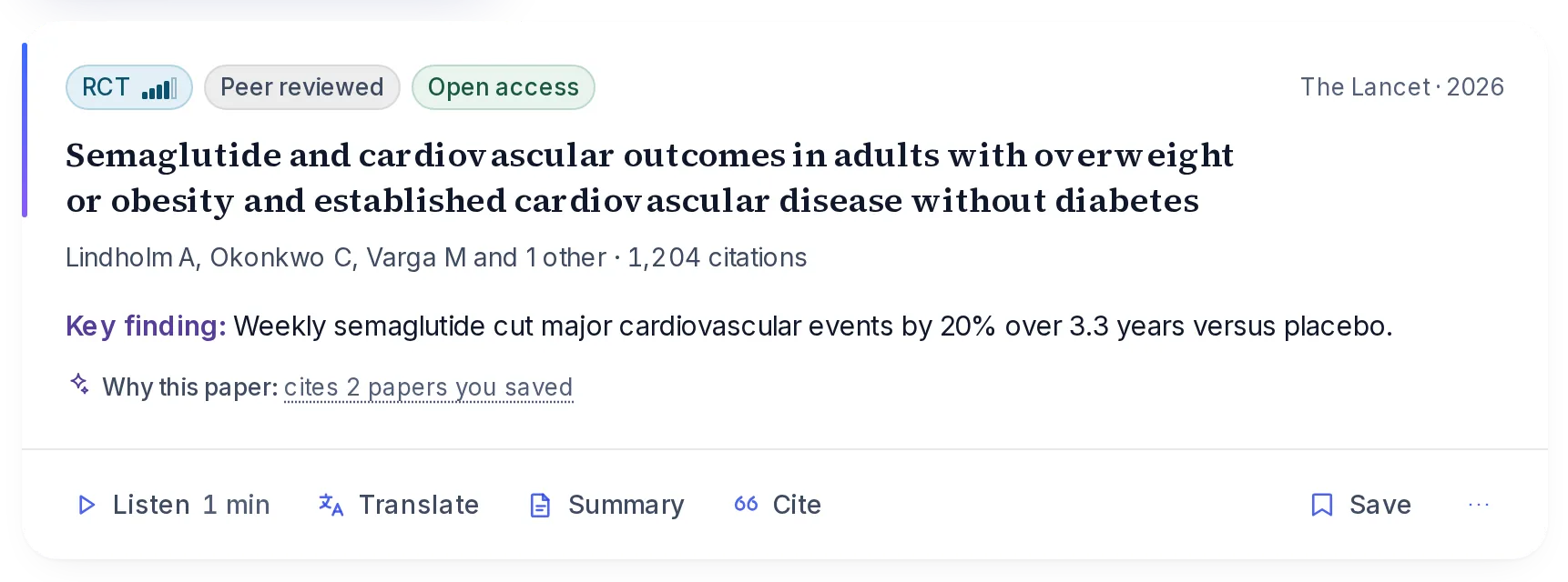 A paper card: randomised controlled trial, peer reviewed, open access, with its key finding in one sentence.