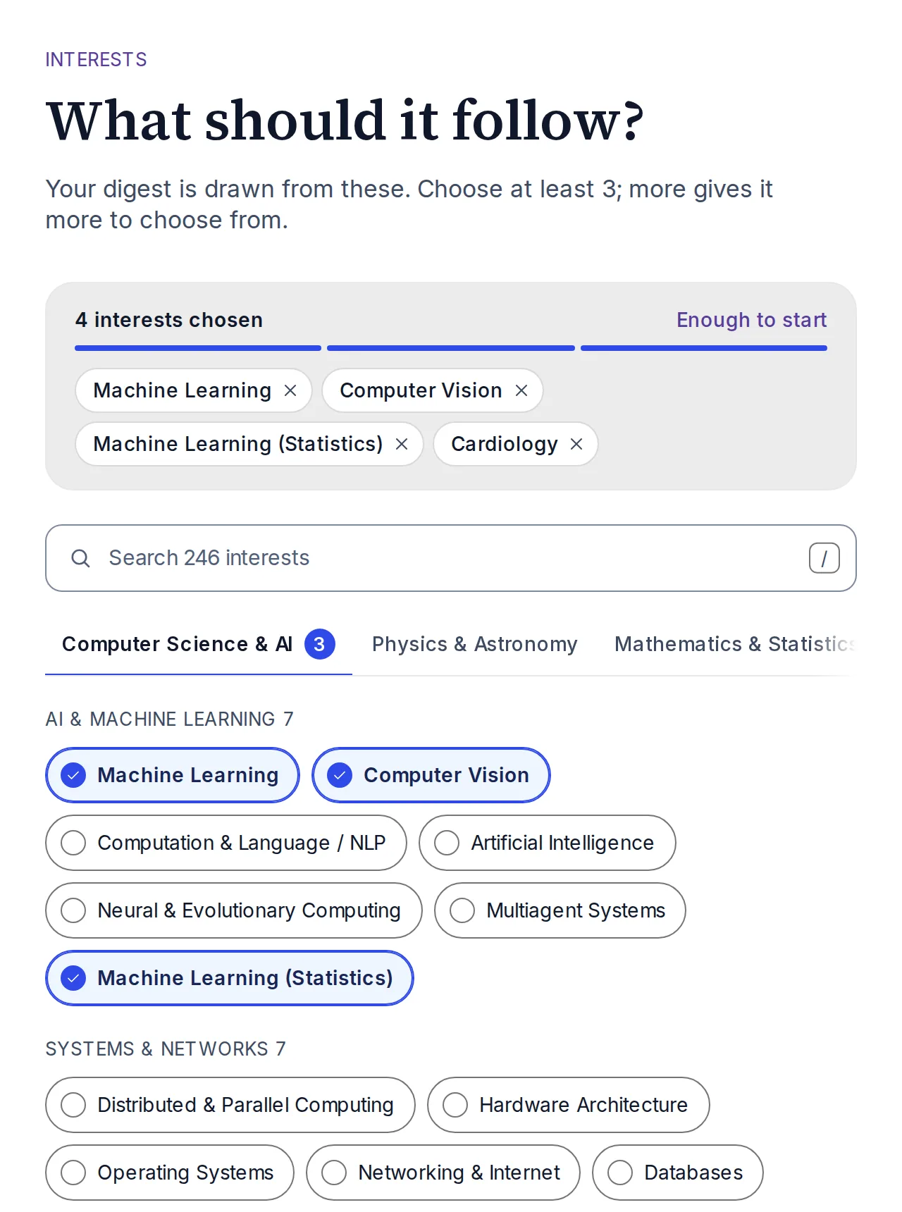 Choosing interests: machine learning, computer vision, machine learning in statistics and cardiology chosen, from 246.